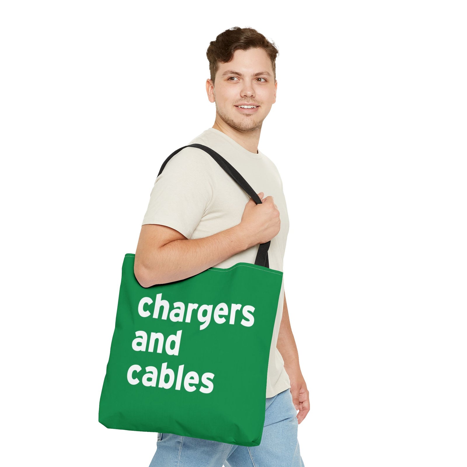 Chargers And Cables Tote Bag — Printed Green Travel Tote
