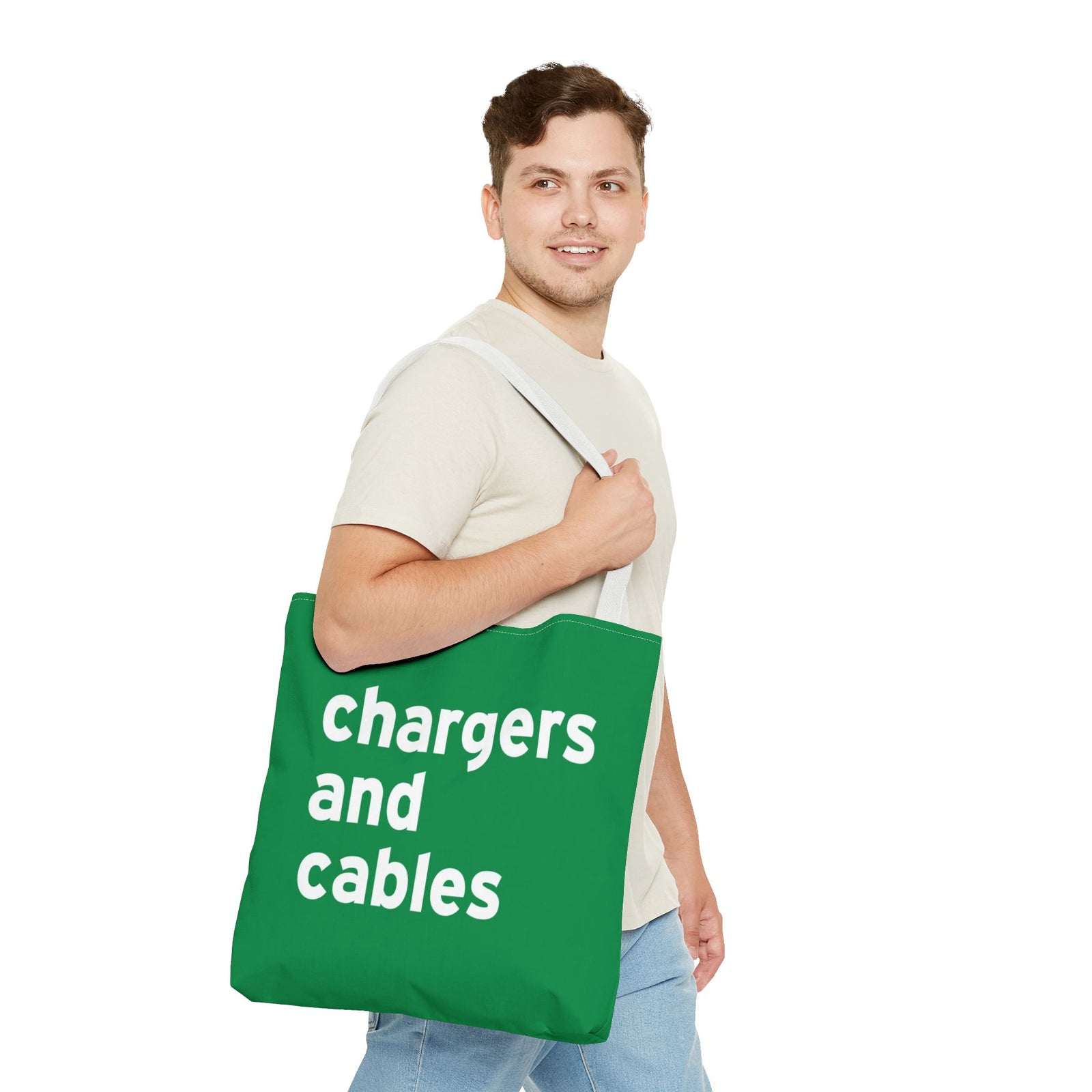 Chargers And Cables Tote Bag — Printed Green Travel Tote