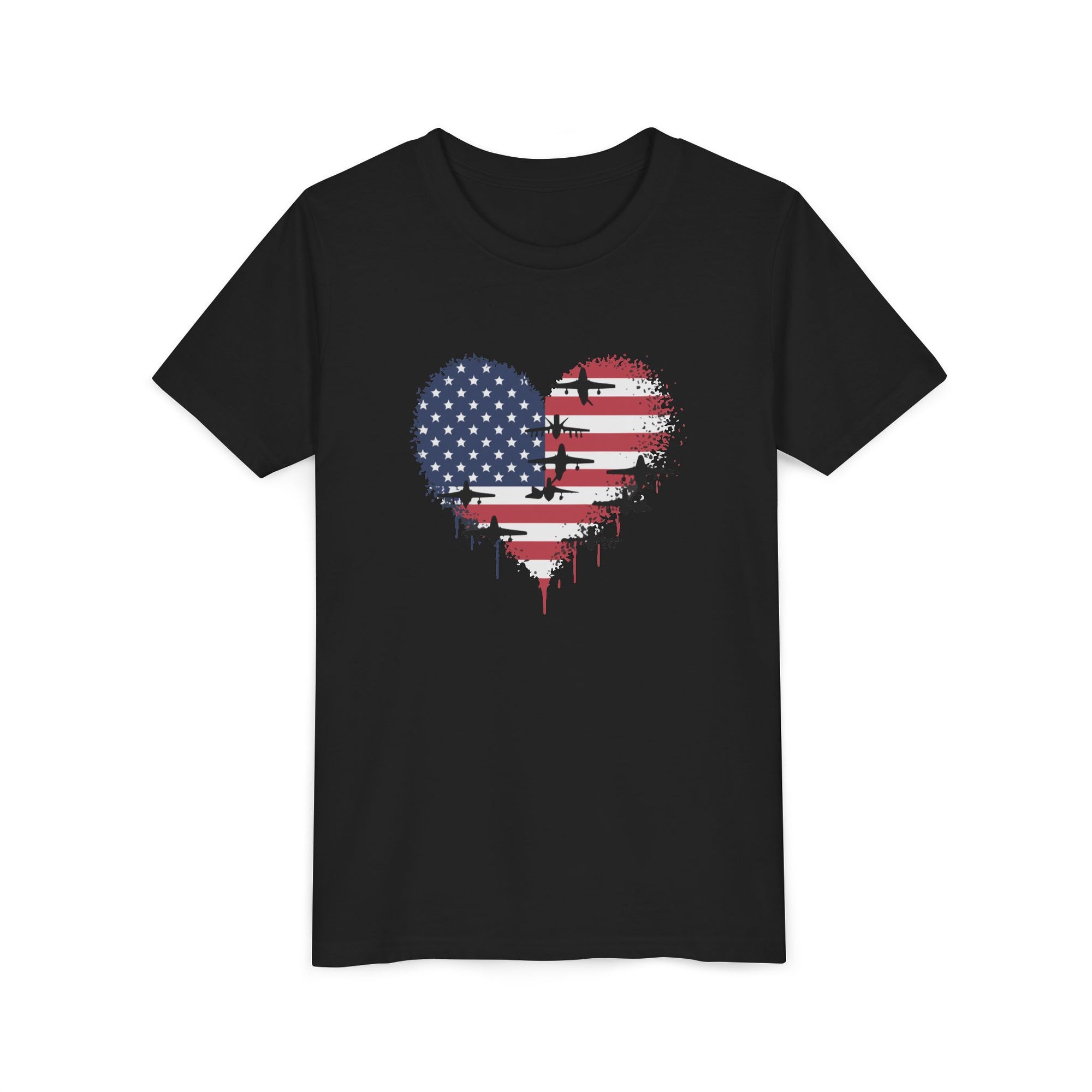 Patriotic Airplanes Heart USA Flag - Unisex Youth Short Sleeve Tee