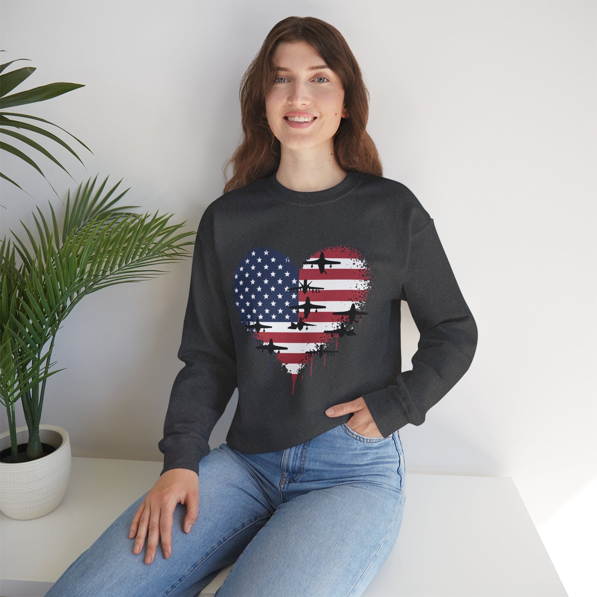 Patriotic Airplanes Heart USA Flag -  Crewneck Sweatshirt
