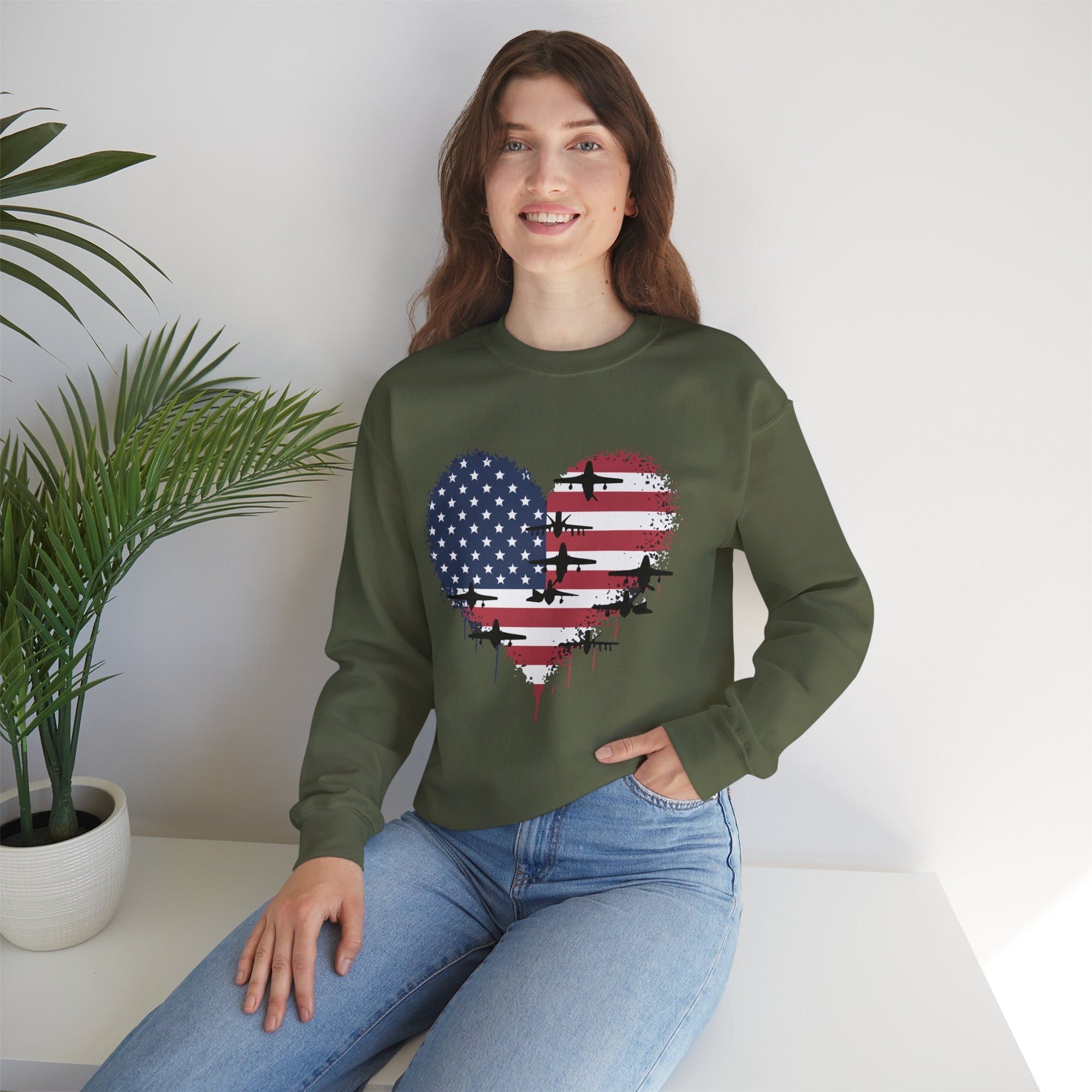 Patriotic Airplanes Heart USA Flag -  Crewneck Sweatshirt
