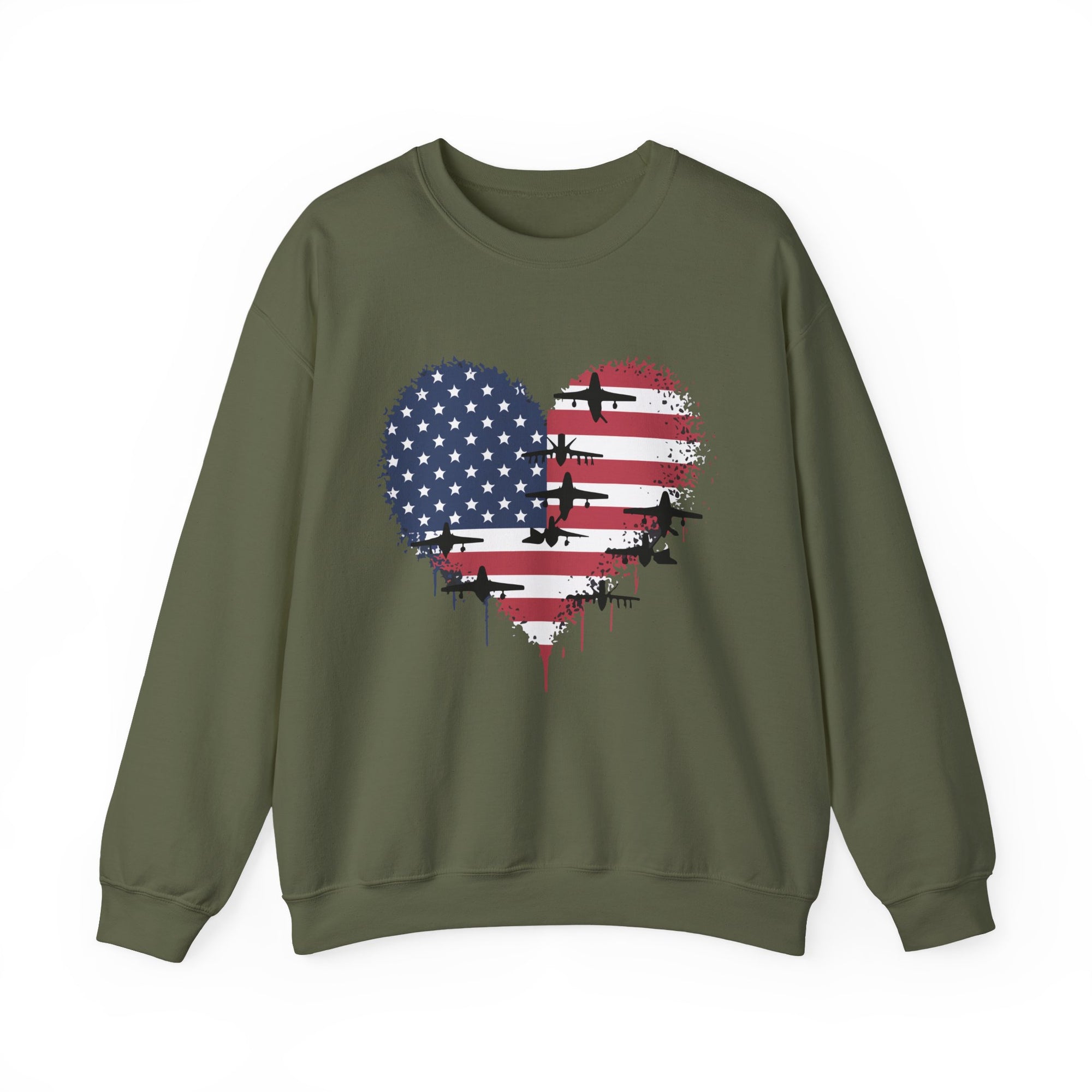 Patriotic Airplanes Heart USA Flag -  Crewneck Sweatshirt