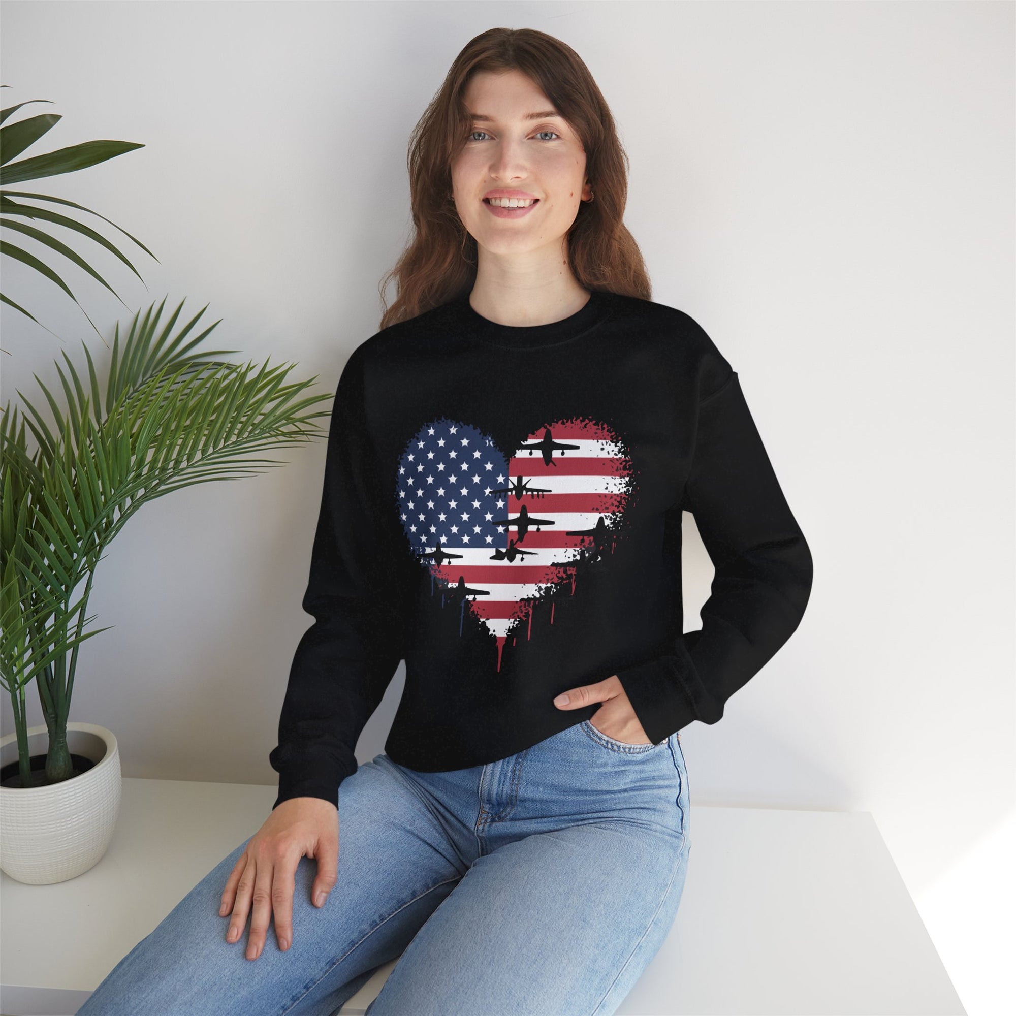 Patriotic Airplanes Heart USA Flag -  Crewneck Sweatshirt