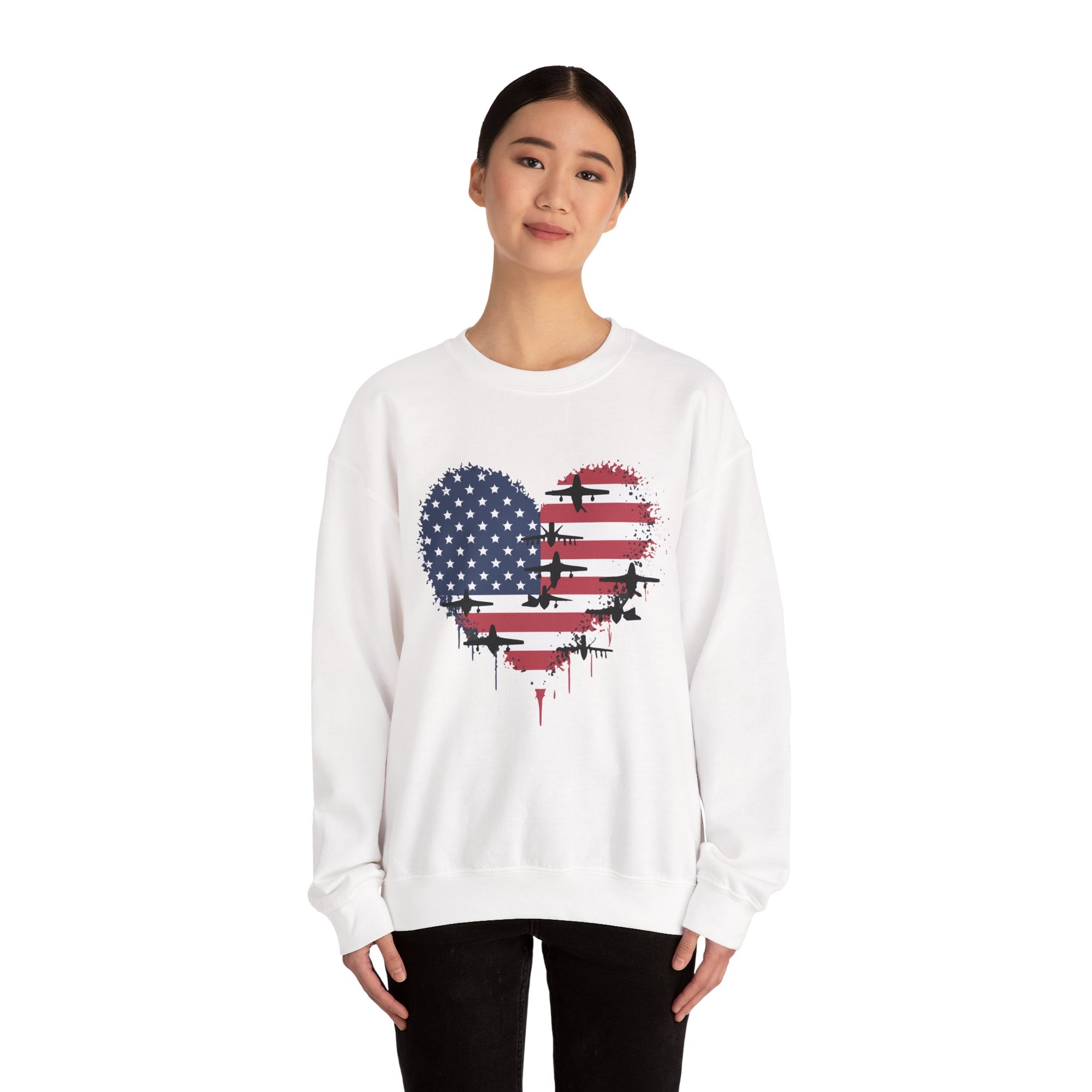 Patriotic Airplanes Heart USA Flag -  Crewneck Sweatshirt