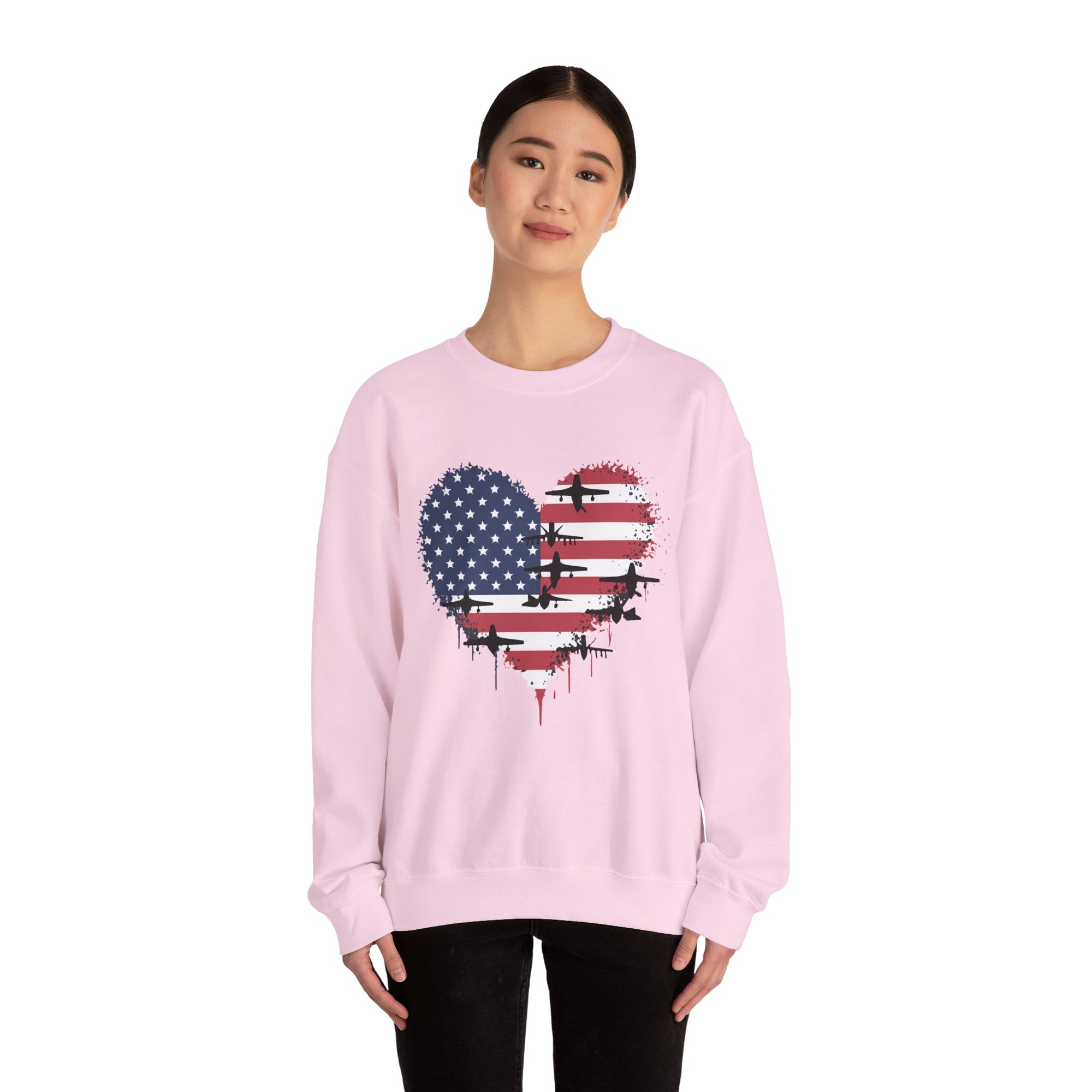 Patriotic Airplanes Heart USA Flag -  Crewneck Sweatshirt