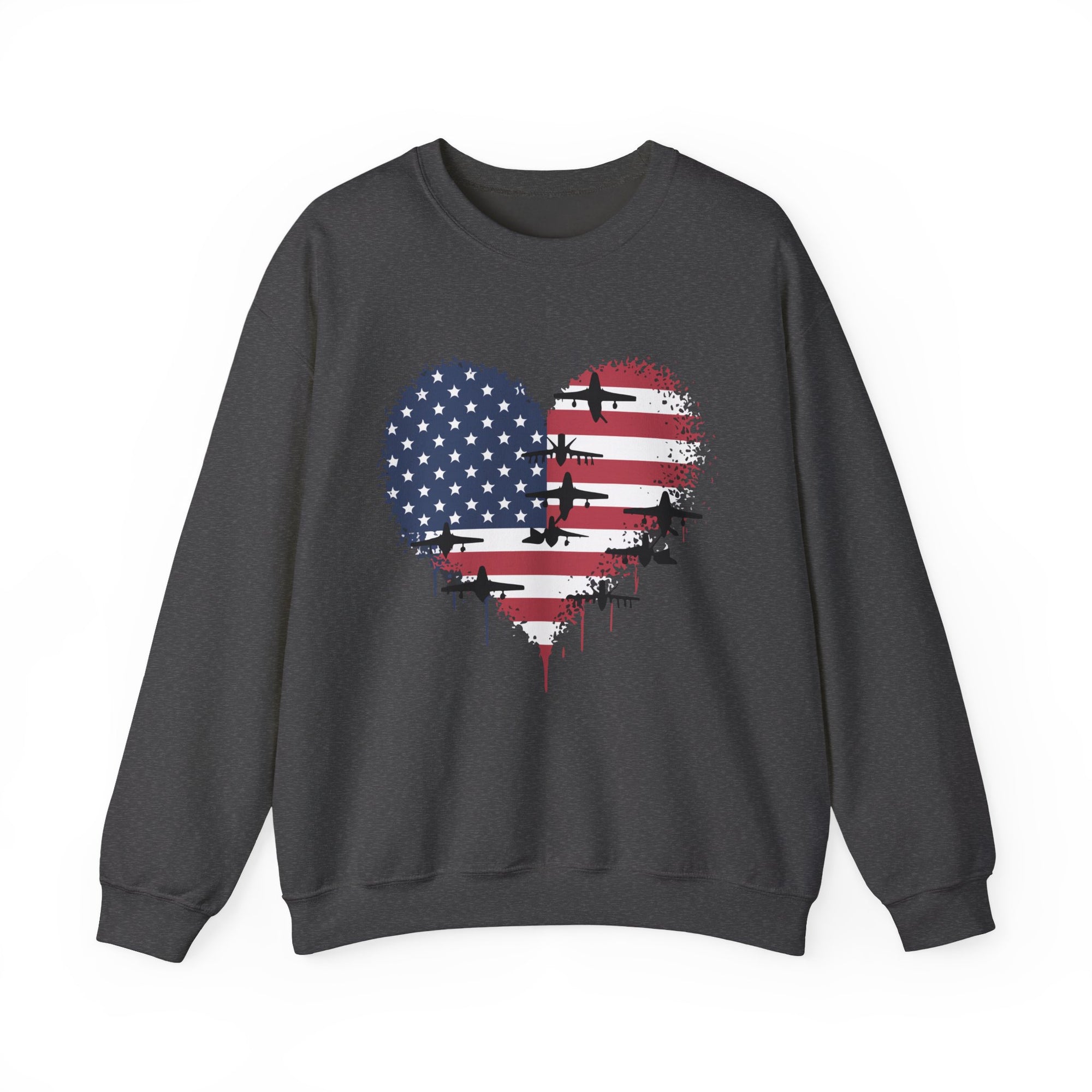 Patriotic Airplanes Heart USA Flag -  Crewneck Sweatshirt