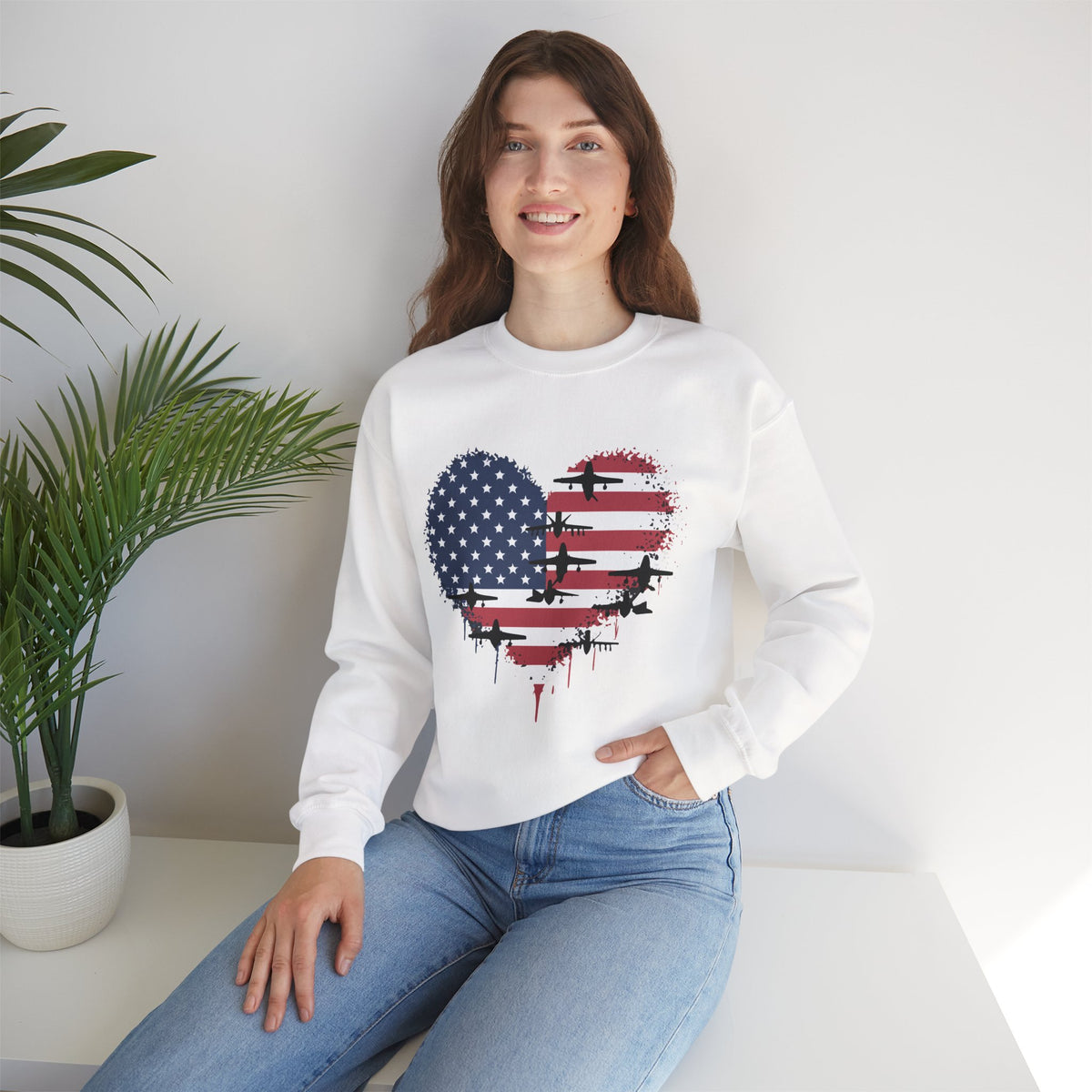 Patriotic Airplanes Heart USA Flag -  Crewneck Sweatshirt