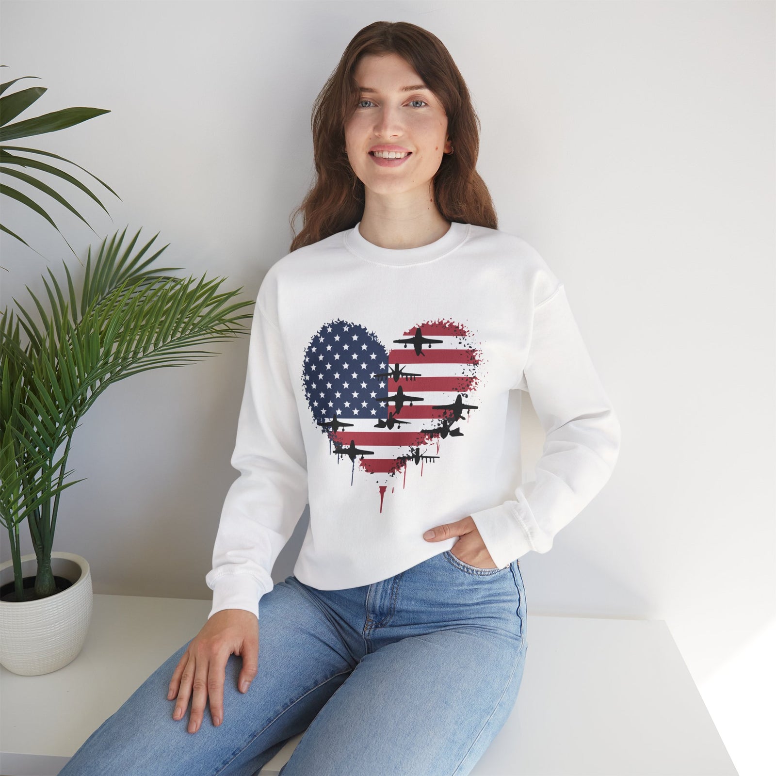 Patriotic Airplanes Heart USA Flag -  Crewneck Sweatshirt